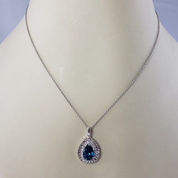 Vintage 18 K White Gold Blue Topaz & White & Champagne Diamond Pendant #13735 - Picture 6 of 8